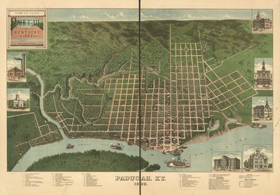 Pohled z ptačí perspektivy na Paducah, Kentucky 1889. od J. Blanton; Krebs Lithographing Company Postlethwaite