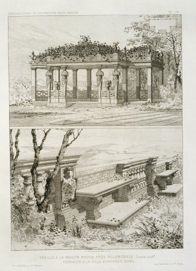 Pergola La Maison Rouge poblíž Villemomble, navržená Cordierem, a terasa Villa Borghese, Řím, kolem roku 1880 od J. Boussard