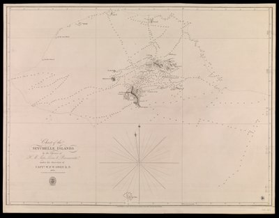 Mapa Seychelských ostrovů od důstojníků lodí H.M. Leven a Barracouta pod vedením kapitána W.F.W. Owena R.N. 1825 od J. & C. Walker