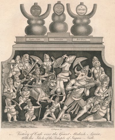 Vítězství Cali nad obřím Mahishasurou, s idoly z chrámu Jagannath, 1809. od J. Chapman