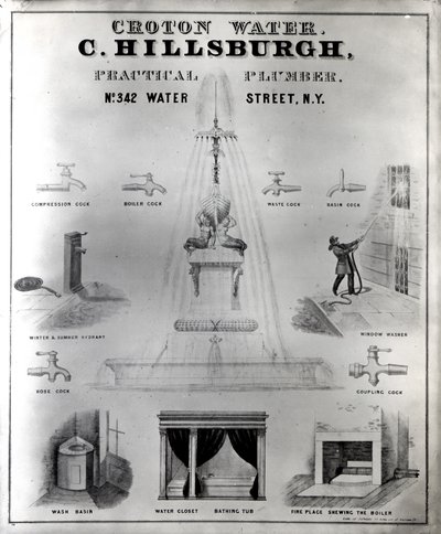 Crotonská voda. C. Hillsburgh, praktický instalatér, č.p. 342 Water Street, New York, 40. léta 19. století od J. Childs