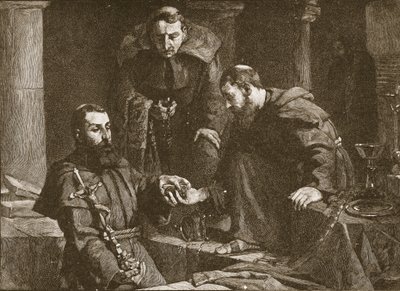 Skrývání pokladu při potlačení kláštera, ilustrace z The Church of England: A History for the People od H.D.M. Spence-Jones, hospoda. c.1910 litho sépie fotografie od J. Cooke