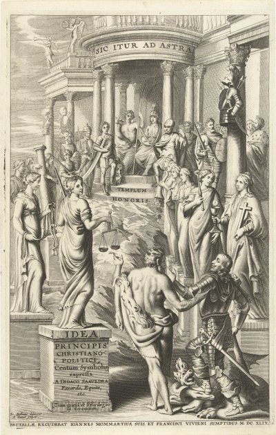 Herkules vede člověka kolem personifikací ctností do chrámu věčné slávy Titulní strana pro: Idea principis christiano-politica, Centum Symbolis expressa, Brusel 1649 (název na objektu) od J. Danoot