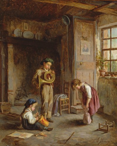 Chlapci s lesním rohem a bubnem, 19. století; od J. Devaux