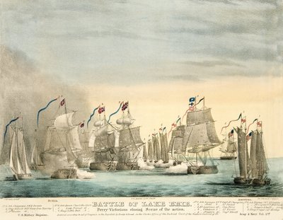 Bitva u Erijského jezera. Perry Vítězná závěrečná scéna Action from Army and Navy Magazine, hospoda. 1840 (barevná rytina) od J. Evans