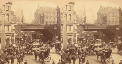 Skupina 4 stereografických pohledů na Ludgate Hill, Londýn, Anglie, 1850-1910. od J F Jarvis