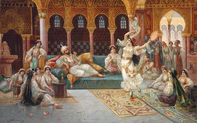 harémový tanec (olej na plátně položeném na palubě) od J. G. Delincourt