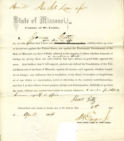 Věrnostní přísaha Jamese Gettyho z Missouri, hrabství St. Louis od J. Getty