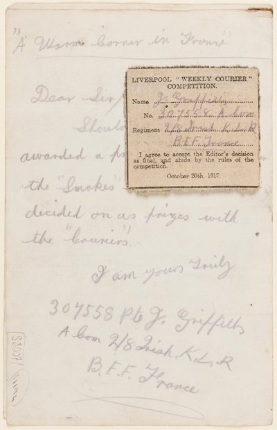 Dopis soutěžnímu redaktorovi Liverpool Weekly Courier, 1917 od J. Griffiths