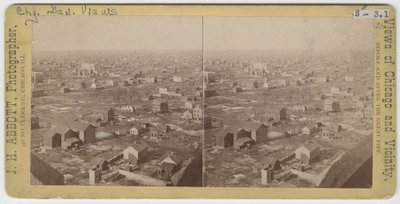 Stereograf pohledu na severozápad z Water Tower po požáru v Chicagu v roce 1871, 1871 (černobílá fotografie na držáku karty) od J. H. Abbott
