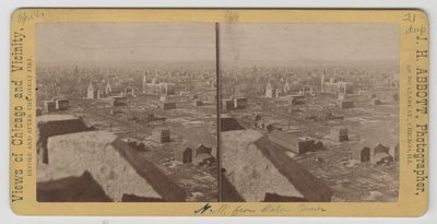 Stereograf pohledu severozápadně od Water Tower po požáru v Chicagu v roce 1871 od J. H. Abbott
