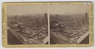 Stereograf pohledu jihozápadně od Water Tower po požáru v Chicagu v roce 1871 od J. H. Abbott