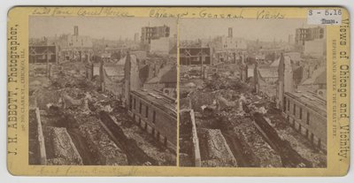 Pohled na východ od soudní budovy po požáru v Chicagu v roce 1871 od J. H. Abbott
