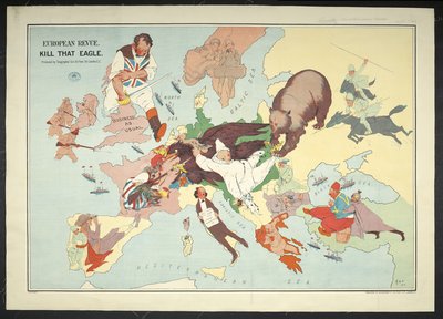 Kreslená mapa evropského válečného prostoru s názvem „European Revue Kill that Eagle“ od J. H. Amschewitz