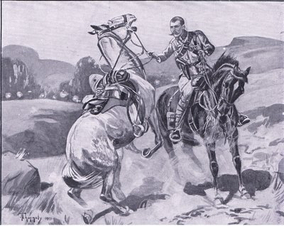 Major Brown, 14. husaři, držící koně Browns pod těžkou palbou, ilustrace z Po Pretorii: Guerilla War, 1902 od J. H. Thorneley