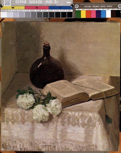 "Zátiší s lahví, otevřenou knihou a bílými květy" (Zátiší s knihou) Obraz Johannese Hansche (1875-1946) Rozměr 45 x 41,5 cm Mikalojus Konstantinas Ciurlionis Museum of Fine Arts, Kaunas, Litva od J. Hansch