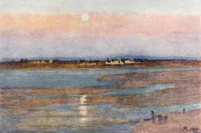 Východ měsíce při západu slunce, z La Croix Blanche, Mont St Michel (barevné lito) od J. Hardwicke Lewis