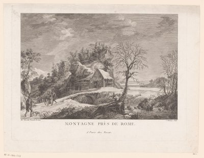 Pohled na dům poblíž mostu s postavami Montagne près de Rome (název na objektu) od J. Hémery