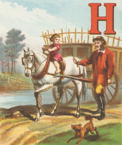 H: H je kůň, tak elegantní a tak silný; táhne vůz se senem na louku podél. od J. Howard