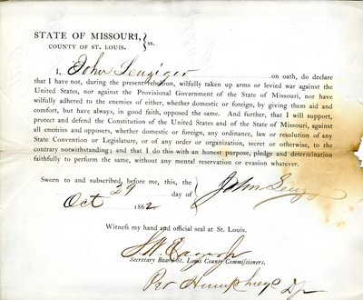Věrnostní přísaha Johna Leuzigera z Missouri, hrabství St. Louis od J. Leuziger