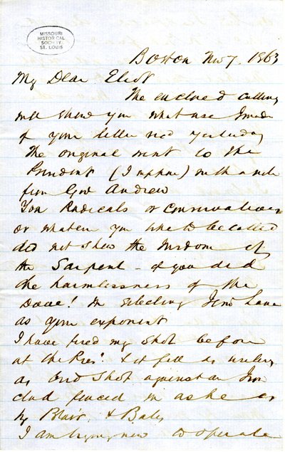 Dopis podepsaný J.M.F. [J.M. Forbes], Boston, Eliotovi [William G. Eliot], 7. listopadu 1863 od J. M. Forbes