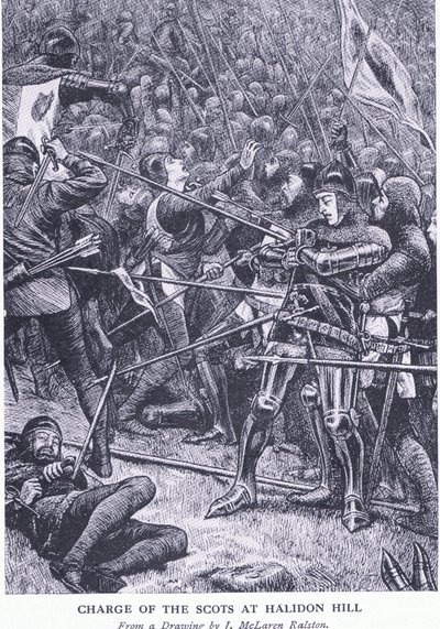 Charge of the Scots at Halidon Hill, z Cassells History of the British People vydané společností Waverley Book Company Limited, kolem roku 1940 od J McLaren Ralston