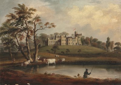 Pohled na hrad Hornby, Yorkshire, s rybářem a dobytkem na břehu řeky Wenning od J. Miller