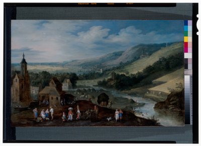 Weitläufige Flusslandschaft mit Bauern, die die Ernte einbringen von J. & Momper J. de (1564-1635) Brueghel