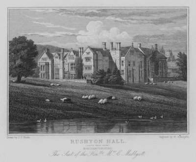 Rushton Hall, South West View, Northamptonshire, Sídlo ctihodné paní C Medlycott (rytina) od John Preston Neale