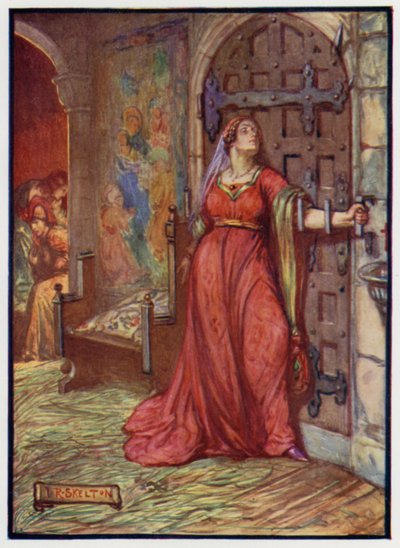 Kateřina Douglasová, jedna z dvorních dam Johanky Beaufortové, královny skotského krále Jakuba I., používá ruku, aby zatarasila dveře atentátníkům, kteří se pokoušeli krále zabít. od J. R. Skelton