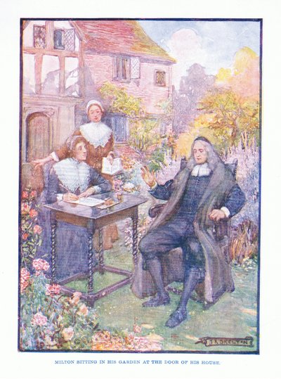 Milton sedí na své zahradě u dveří svého domu, z English Literature pub. od T C & EC Jack, kolem roku 1920 od J. R. Skelton