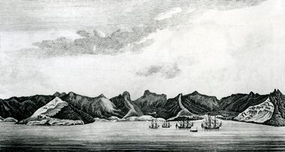 Pohled na Cumberland Bay na ostrově Juan Fernandes, c.1745 (rytina) od J. S. Mason