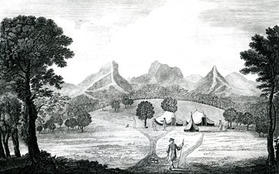 Pohled na stan Commodore na ostrově Juan Fernandes, kolem roku 1745 (rytina) od J. S. Mason