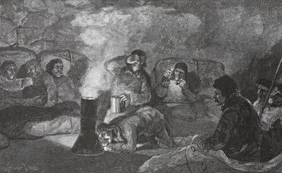 Interiér naší Zimní chaty v Camp Clay, při vaření, hospoda z roku 1883. Londýn 1886 od J. Steeple Davis