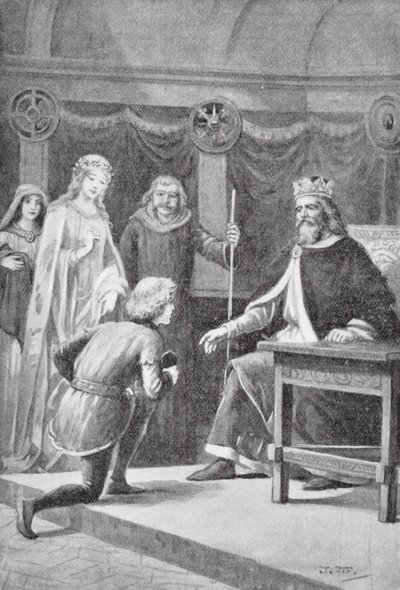 Gareth přišel požádat o druhou laskavost, aby se stal jedním z králových rytířů a směl pomáhat paní (lit.). od J. Williamson