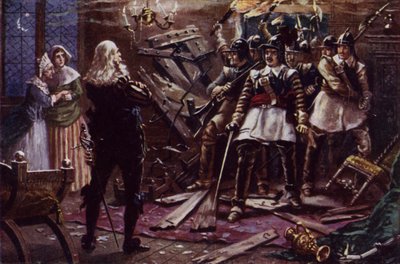 Parlamentní vojáci Olivera Cromwella vnikají do domu stoupence krále Karla I. (barevné lito) od J. Williamson