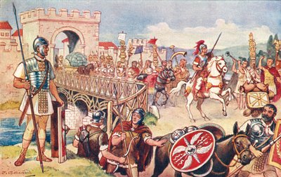 Římská říše - kolona vojáků postupující po mostě. od J. Williamson
