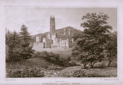 Jihozápadní pohled na opatství Fonthill, vyryl T. Higham, 1823 od J. after Rutter