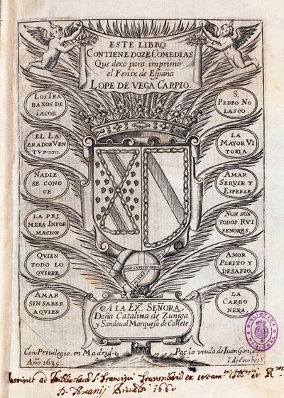Polotitulní list sbírky dvanácti komedií Felixe Lopea od Vega Carpio (1562-1635) od J. de (after) Courbes