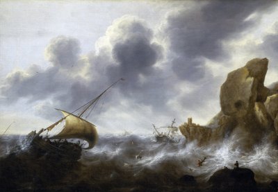 Rybářská loď zastižená v bouři poblíž skalnatého pobřeží s vrakem lodi. Olej na plátně, Jacob Adriaensz Bellevois (1621-1675). od Jacob Adriaensz. Bellevois