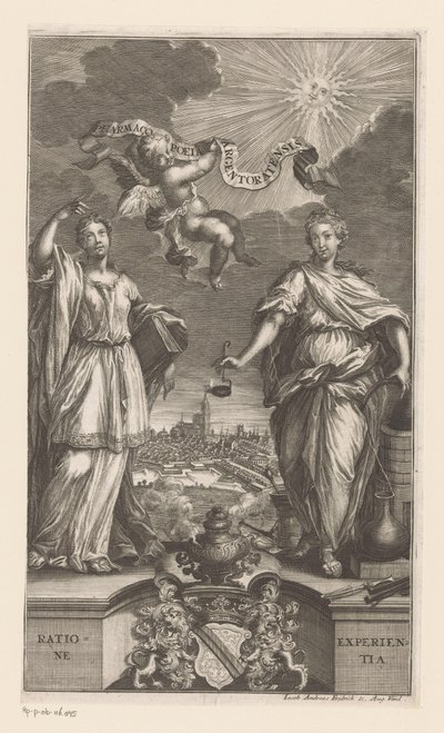 Alegorie medicíny ve Štrasburku Pharmacopoeia Argentoratensis (název na předmětu) od Jacob Andreas Fridrich (I)