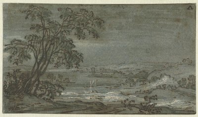 Kopcovitá krajina s ohybem řeky Aen den Rijn (název na objektu) od Jacob Colijn
