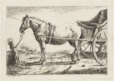 Stojící kůň, zapřažený před vozem Šest tisků po kresbách různých mistrů (název série) od Jacob Elias van Varelen