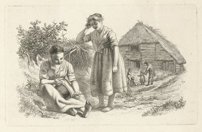 Dvě ženy a muž s dětmi před stodolou Studijní tisky / Etudes gravées (název série) od Jacob Ernst Marcus