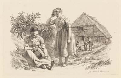 Dvě ženy a muž s dětmi před stodolou Studijní tisky / Etudes gravées (název série) od Jacob Ernst Marcus