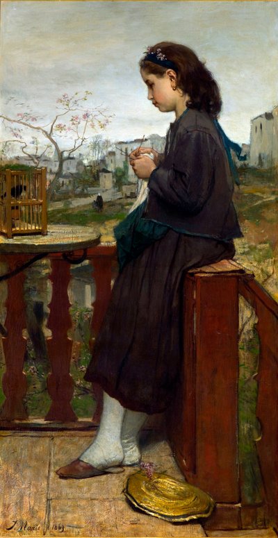 ""Mladá dívka plete na balkóně, Montmartre, Paříž"" (Dívka plete na balkóně, Montmartre) Obraz Jacoba Marise (1837-1899) - 1869 - Olej na plátně Rozměr 110x75,7 cm Gemeentemuseum Den Haag od Jacob Henricus or Hendricus Maris