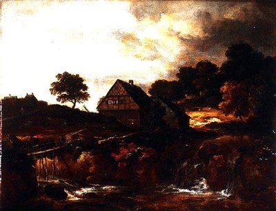 Zalesněná krajina s rolníkem na mostě přes bystřinu od Jacob I. van (follower of) Ruisdael