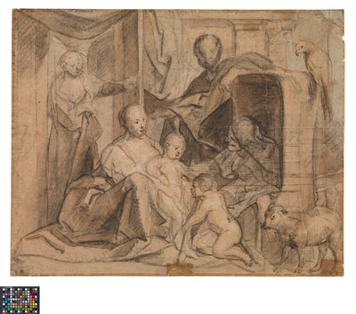 Německy: Svatá rodina s Alžbětou a svatým Janem Křtitelem (vzadu: dveře, vchod a Hermes)
nizozemsky: De Heilige Familie met Elisabeth en de kleine Johannes (keerzijde: Deur, deuropening en Hermes) od Jacob Jordaens