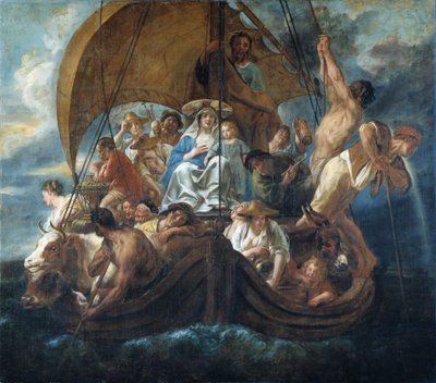 Svatá rodina s různými osobami a zvířaty ve člunu od Jacob Jordaens