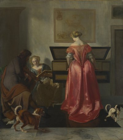 Dvě ženy a muž tvoří hudbu, cca 1675 od Jacob Lucasz. Ochtervelt